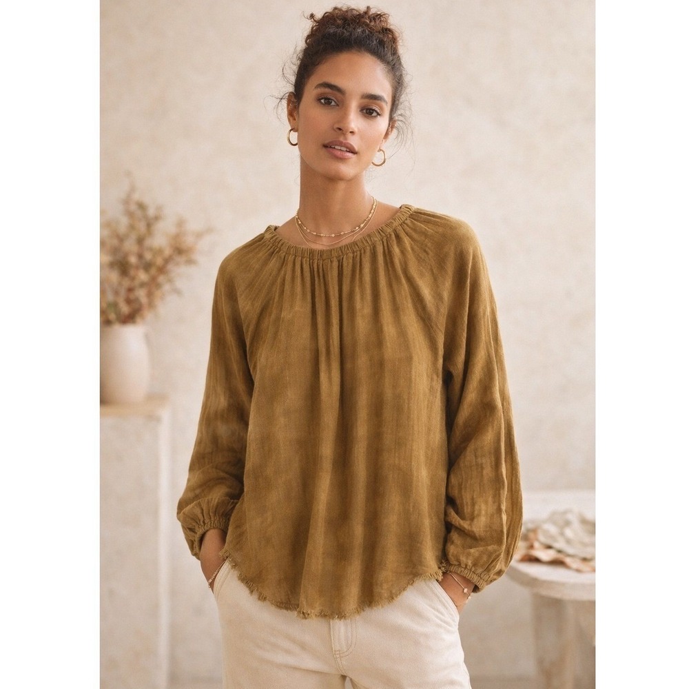 Anthropologie Cloth & Stone Top S Brown Frayed Hem Cotton Boho Chic Cuff Sleeves